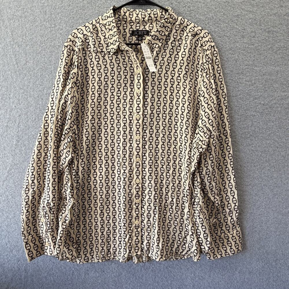 J.Crew Women’s 3X Chain Print Button Front Blouse Beige Black Plus Size NWT Chic